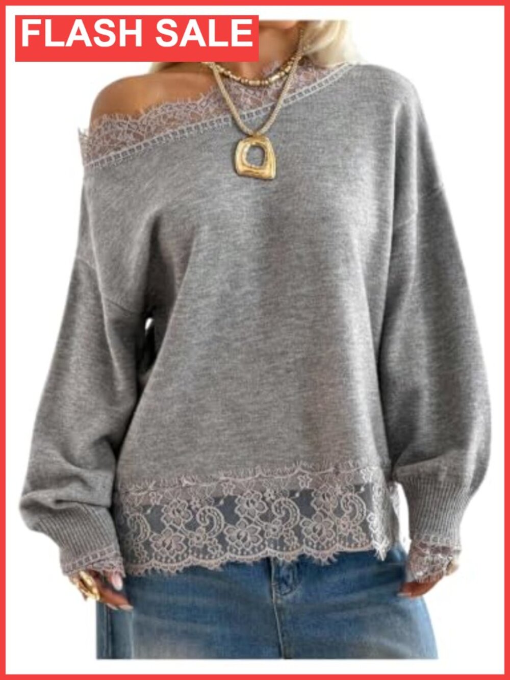 Lace Off The Shoulder Knit Sweater Long Sleeve Loose Fit Pullover